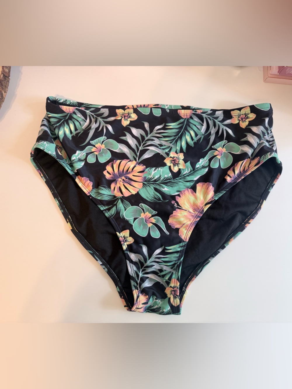 🐣5/$25-SHEIN Black High-Waist Bikini Bottoms with Green and Peach Floral Print